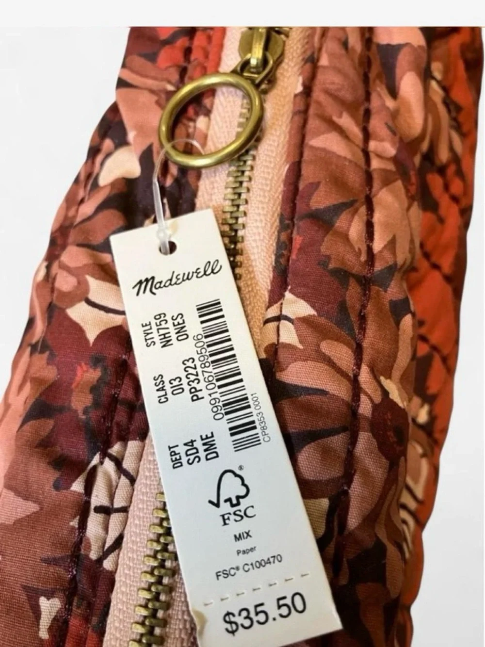 Madewell Quilted Floral Cosmetic Pouch in Rust, Brown, Cream NWT